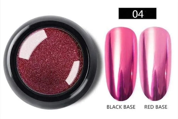 Pink chrome-effect nail pigment shade 04 with black-base and red-base samples