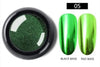 Green chrome-effect nail pigment shade 05 with black-base and red-base samples