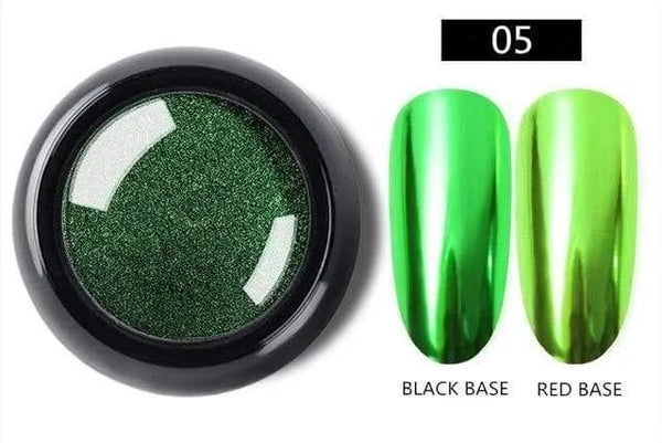 Green chrome-effect nail pigment shade 05 with black-base and red-base samples