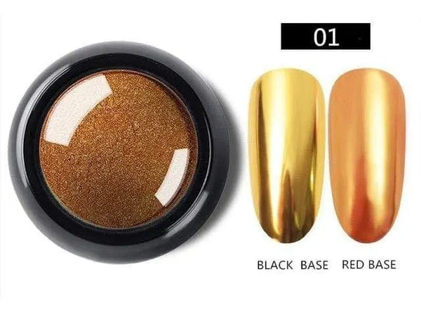 Gold chrome-effect nail pigment shade 01 with black-base and red-base samples