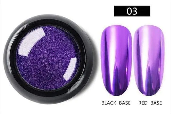 Purple chrome-effect nail pigment shade 03 with black-base and red-base samples