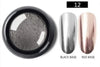 Silver chrome-effect nail pigment shade 12 with black-base and red-base samples