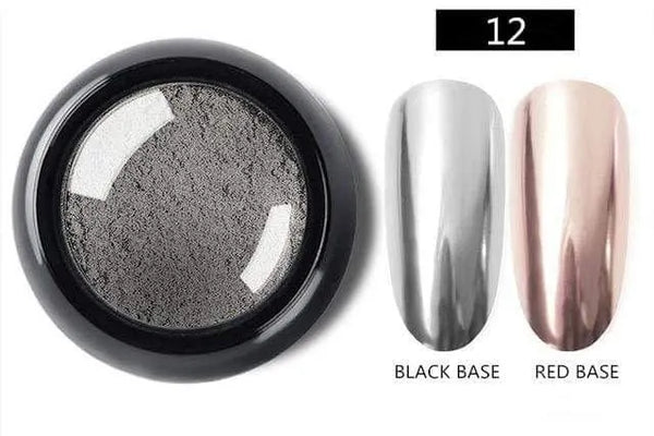 Silver chrome-effect nail pigment shade 12 with black-base and red-base samples