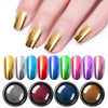 Gold chrome nail example with metallic swatches and powder jars