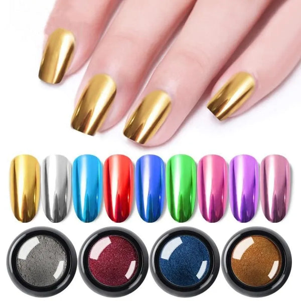 Gold chrome nail example with metallic swatches and powder jars