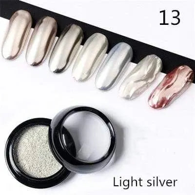 Light silver chrome-effect nail pigment shade 13 with sample tips