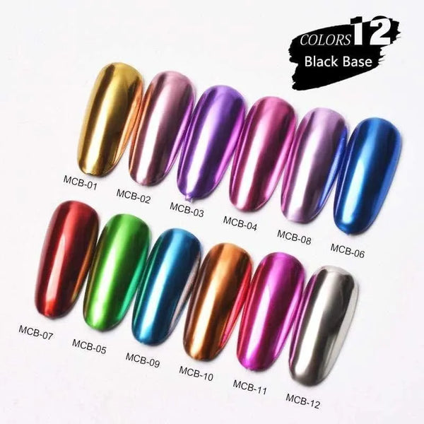 Chart of 12 chrome-effect nail pigment colors shown over a black base