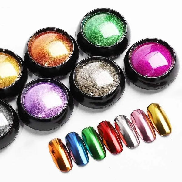 Open jars of colorful chrome-effect nail pigment with metallic nail swatches