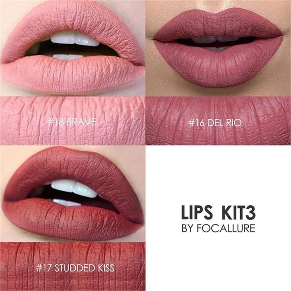 Kit 3 lip-color examples in pink, mauve and deep rose tones