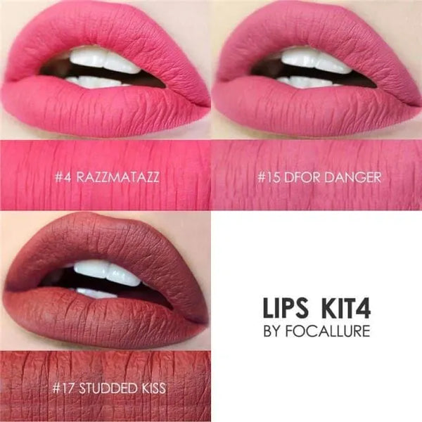 Kit 4 lip-color examples in bright pink and deep rose tones