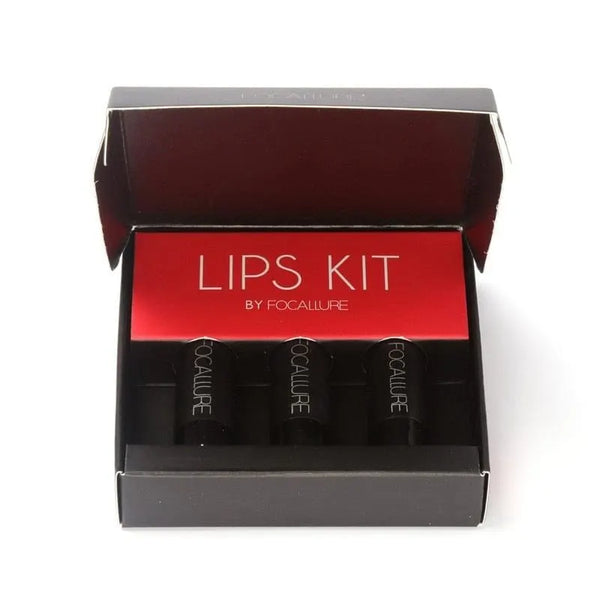 Open black box containing three lip crayons
