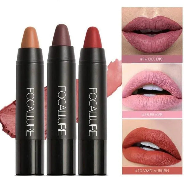 Three lip crayons beside pink, mauve and rust lip-color examples