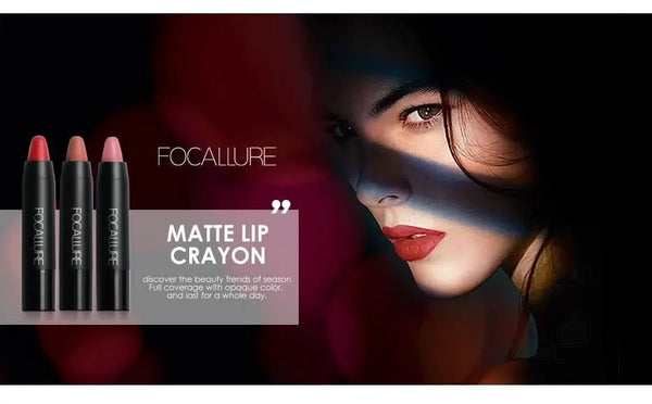 Three black lip crayons beside a model wearing red lip makeup