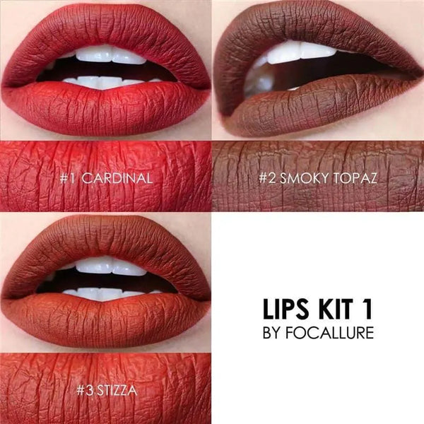 Kit 1 lip-color examples in red, brown and terracotta tones