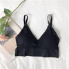 Black ribbed V-neck bralette arranged in a flat lay