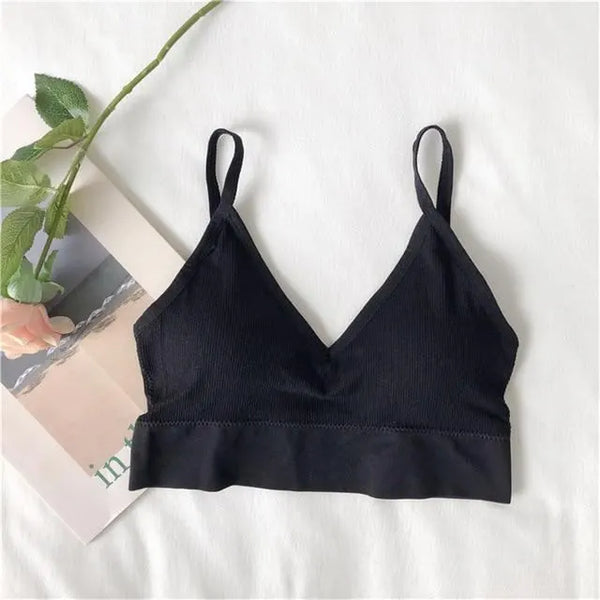 Black ribbed V-neck bralette arranged in a flat lay