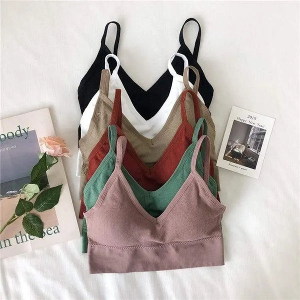 V-neck ribbed bralettes shown in several color options
