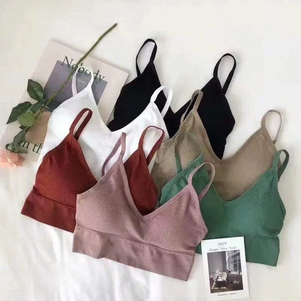 Ribbed V-neck bralettes in white, black, red, beige, pink and green shades