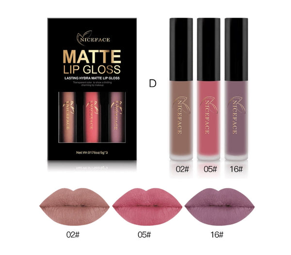 Nice Face lip-color tubes with peach, pink and brown lip examples