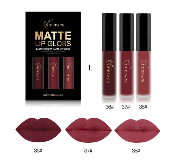 Nice Face lip-color group L with tubes and lip swatches labeled 36, 37 and 38