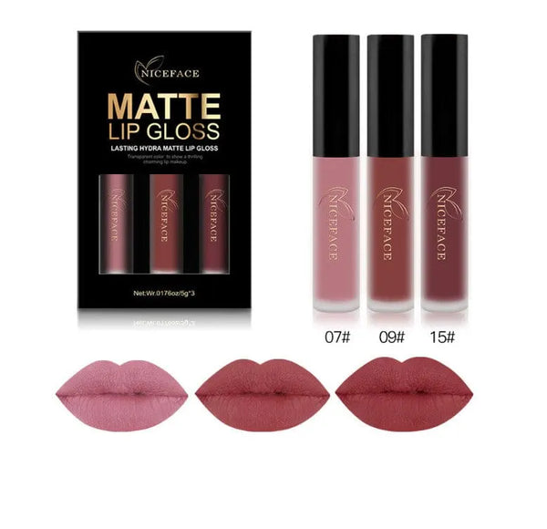 Three Nice Face liquid lip-color tubes with swatches labeled 07, 09 and 15