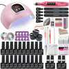 Nail art kit layout with a pink dome lamp, pink nail drill, gel bottles, files, and tools