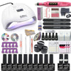 Nail art kit layout with a white dome lamp, pink nail drill, gel bottles, files, and accessories