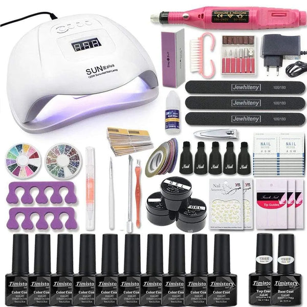 Nail art kit layout with a white dome lamp, pink nail drill, gel bottles, files, and accessories