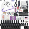 Nail art kit with a white dome lamp labeled 80W, purple nail drill, gel bottles, and tools