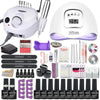 Nail art kit layout with an electric nail drill, white dome lamp, gel bottles, files, and tools
