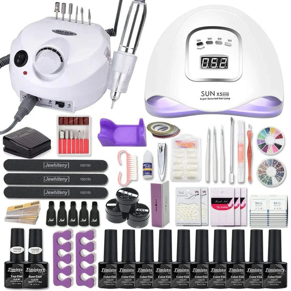 Nail art kit layout with an electric nail drill, white dome lamp, gel bottles, files, and tools