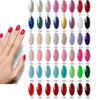 Nail color swatch chart with 48 numbered colors beside a hand with red manicure
