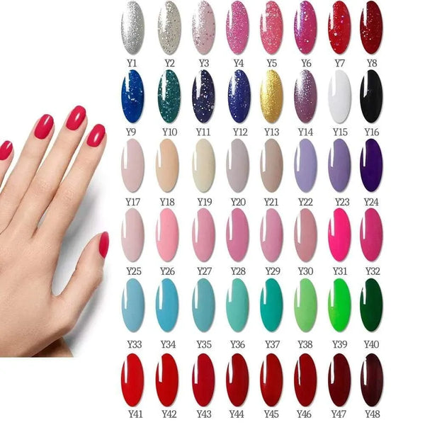 Nail color swatch chart with 48 numbered colors beside a hand with red manicure