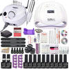 Nail art kit layout with a white electric nail drill, white dome lamp, gel bottles, and tools