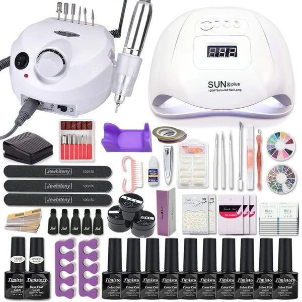 Nail art kit layout with a white electric nail drill, white dome lamp, gel bottles, and tools