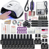 Nail art kit with a hand under a black-trim white lamp, purple nail drill, bottles, and tools