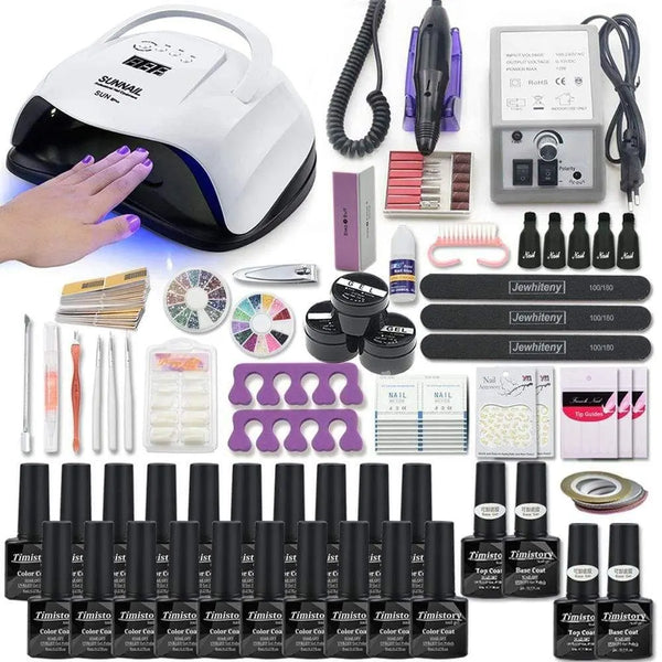 Nail art kit with a hand under a black-trim white lamp, purple nail drill, bottles, and tools