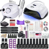 Nail drill, lamp and manicure accessories arranged as a kit collage