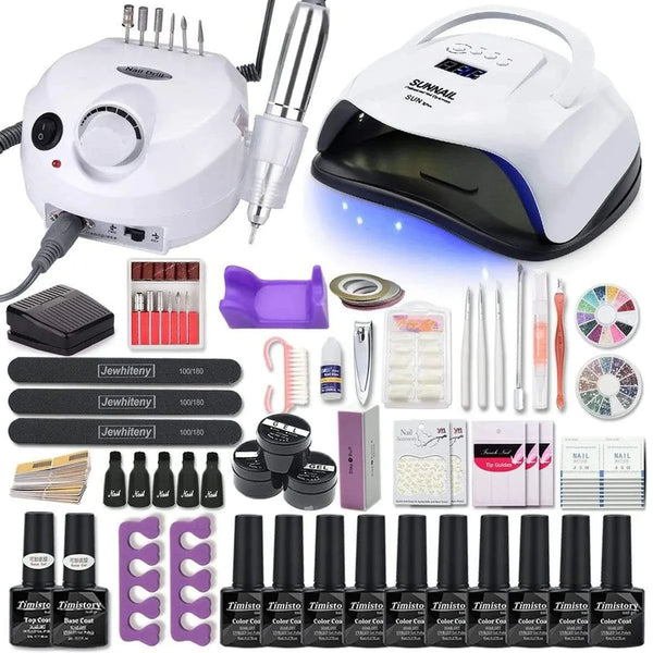 Nail kit collage showing lamp, drill, bottles and accessories