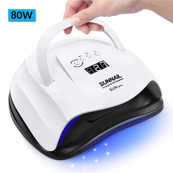 White nail lamp with a carrying handle and digital display