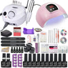 Nail art kit layout with an electric nail drill, pink dome lamp, gel bottles, files, and tools