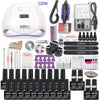 Nail art kit layout with a white dome lamp, purple nail drill, gel bottles, files, and tools