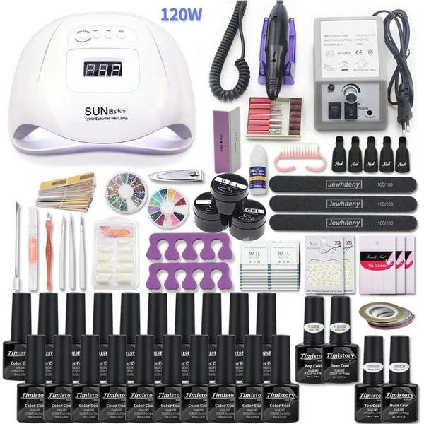 Nail art kit layout with a white dome lamp, purple nail drill, gel bottles, files, and tools