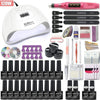 Nail art kit with a white dome lamp labeled 120W, pink nail drill, gel bottles, and tools