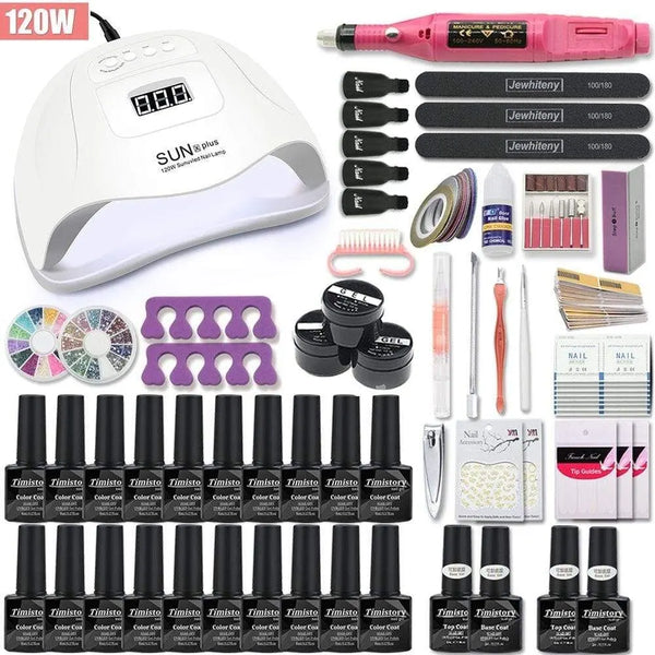 Nail art kit with a white dome lamp labeled 120W, pink nail drill, gel bottles, and tools