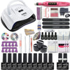 Nail art kit with a black-trim white lamp, pink nail drill, gel bottles, and accessories