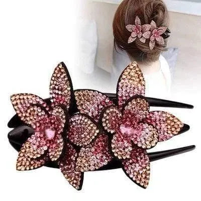 Pink rhinestone flower hair claw with an updo styling example