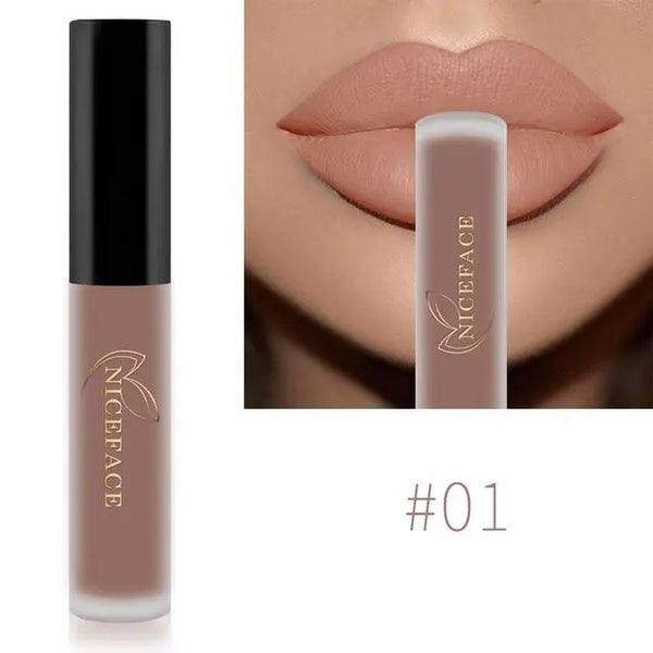 NICEFACE matte liquid lipstick shade 01 in beige nude beside a lip-color example