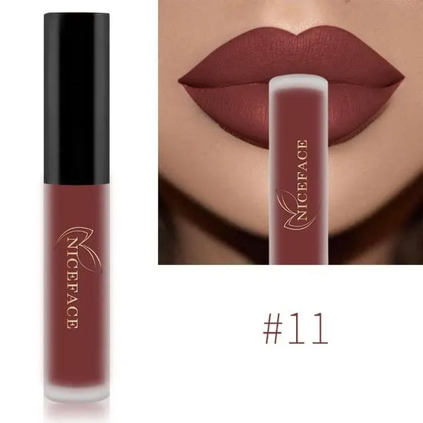 NICEFACE matte liquid lipstick shade 11 in brick red beside a lip-color example