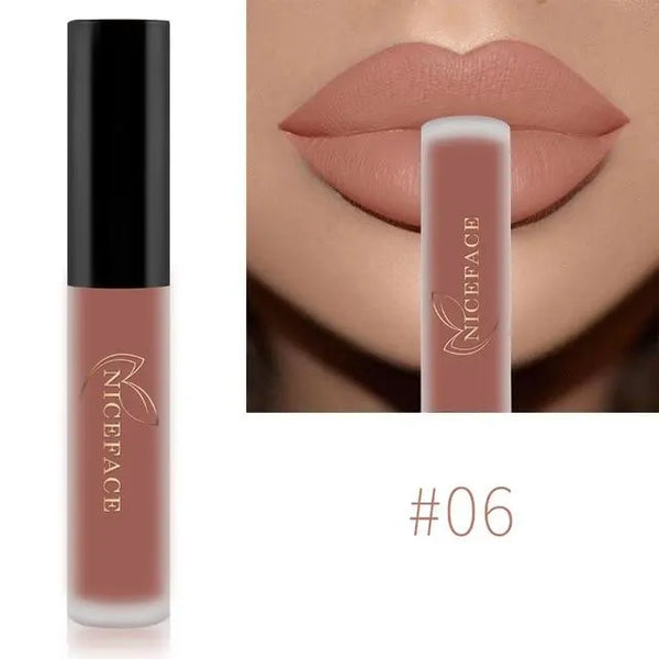 NICEFACE matte liquid lipstick shade 06 in peach nude beside a lip-color example